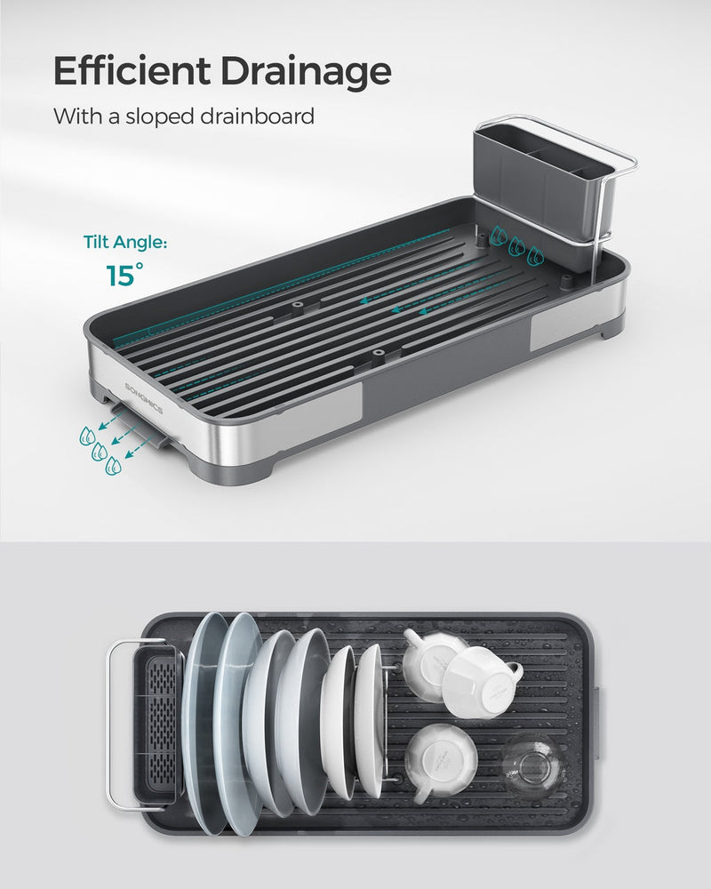 Drainage diagram showing the 15 degree sloped drainboard, with an overhead shot of the rack full of dishes