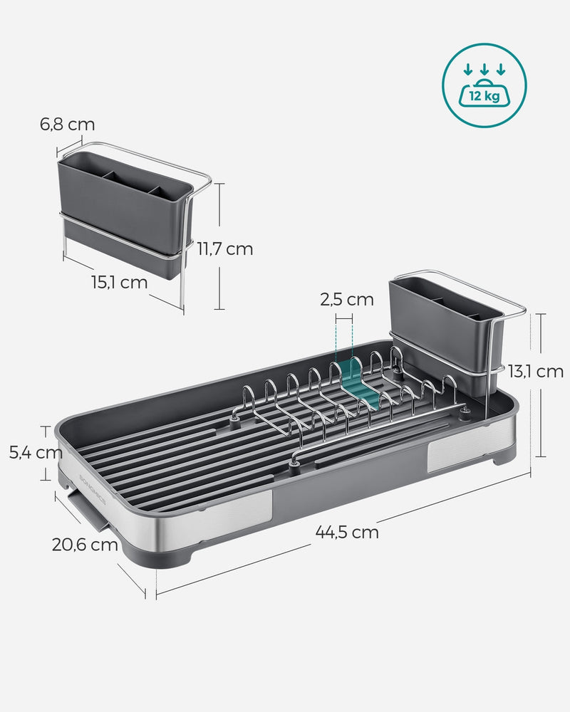 Metric dimensions diagram, 44.5 x 20.6 cm, 13.1 cm tall, 5.4 cm tray and a 15.1 cm utensil holder