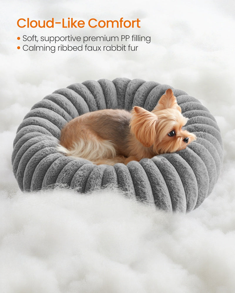 Cloud-like comfort infographic showing the PP filling and ribbed faux rabbit fur inside the Feandrea pet bed