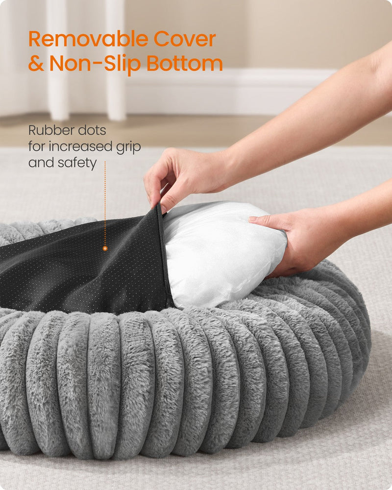 Diagram of the removable cover and non-slip rubber dots on the base of the Feandrea pet bed
