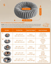 Feandrea pet bed size chart comparing S, M, L, XL and XXL dimensions and ideal pet weight