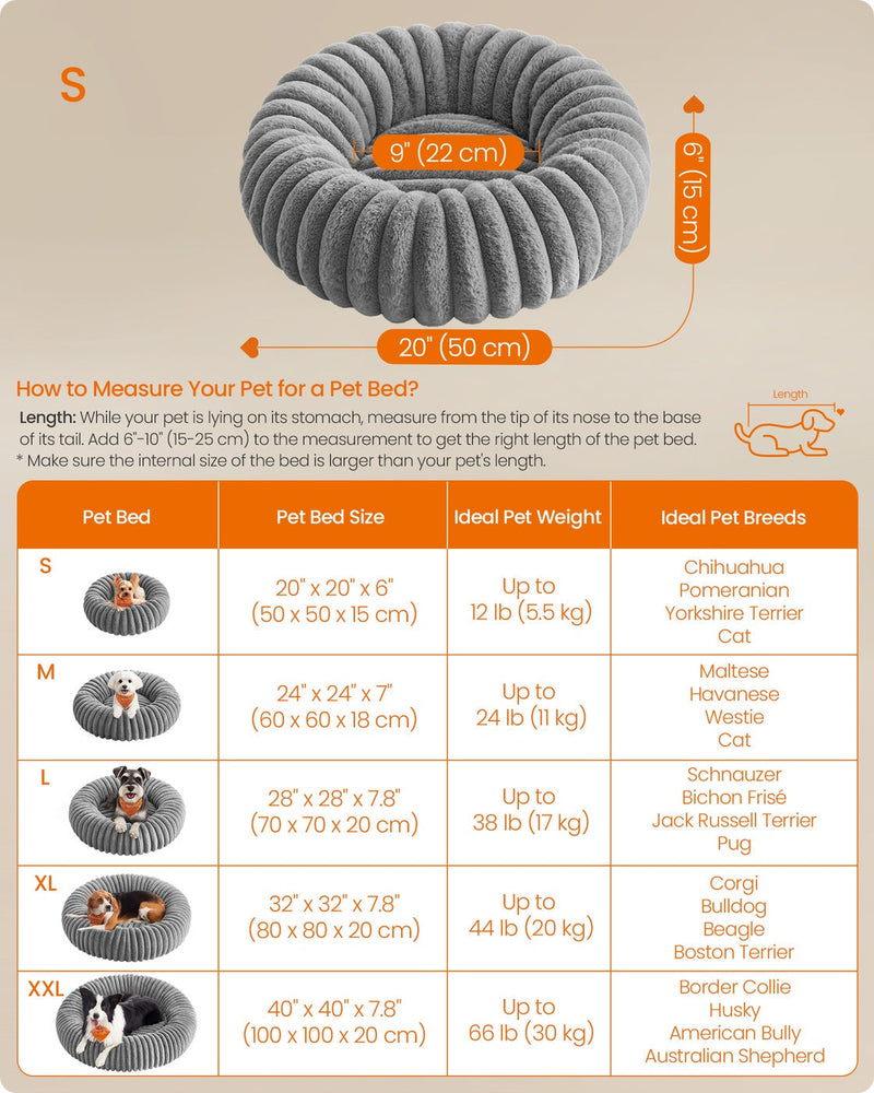 Feandrea pet bed size chart comparing S, M, L, XL and XXL dimensions and ideal pet weight