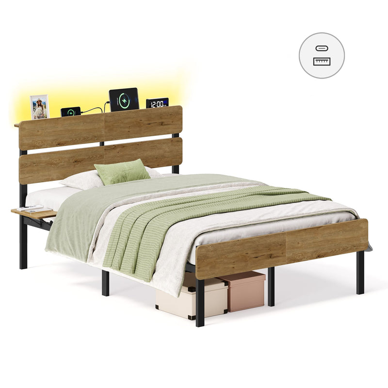 Small double metal bed frame with a wood-effect headboard, LED lights and a detachable shelf, with storage boxes underneath