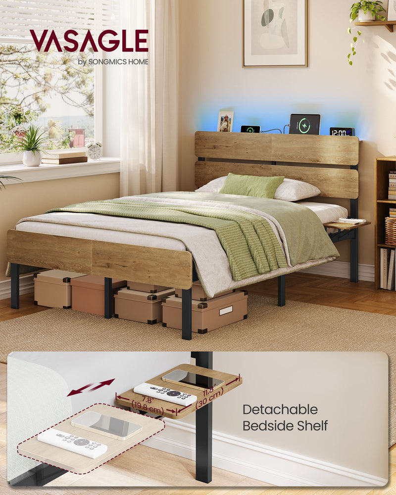 Bed frame with LED lit headboard in a bedroom, with a close-up of the detachable bedside shelf