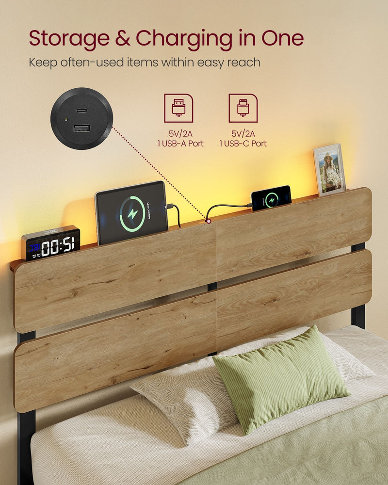Headboard ledge with a clock, tablet and phone charging, with the USB-A and USB-C port details