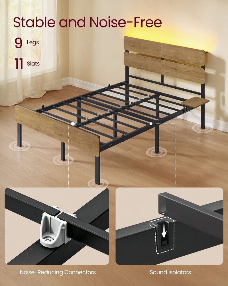 Close-up of the bed frame showing 9 legs, 11 slats and the noise-reducing connectors and sound isolators