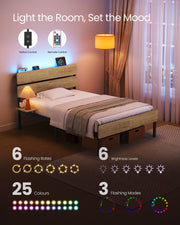 LED lighting guide showing the switch and remote control, 25 colours, 6 brightness levels and 3 flashing modes