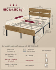 Bed frame dimensions diagram showing 127 cm width, 205 cm length, 100.3 cm height and a 250 kg capacity