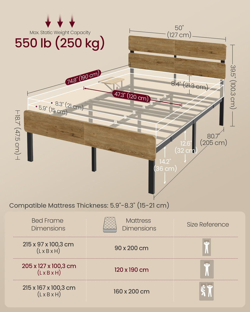 Bed frame dimensions diagram showing 127 cm width, 205 cm length, 100.3 cm height and a 250 kg capacity