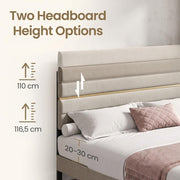 Close-up of the headboard showing the two height options of 110 cm and 116.5 cm