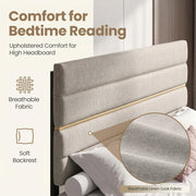 Close-up of the breathable linen-look headboard fabric with a soft backrest