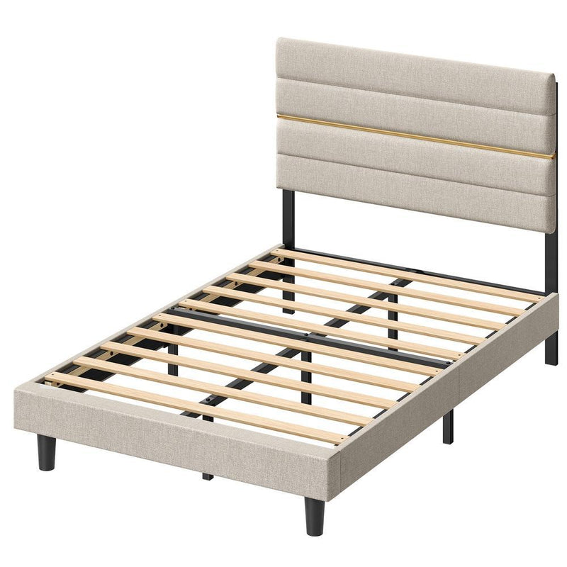 Beige upholstered bed frame with wooden slats on a white background