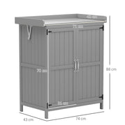 Dimension diagram of the grey wooden shed showing 74 cm width, 43 cm depth, 88 cm height and a 31 x 70 cm door