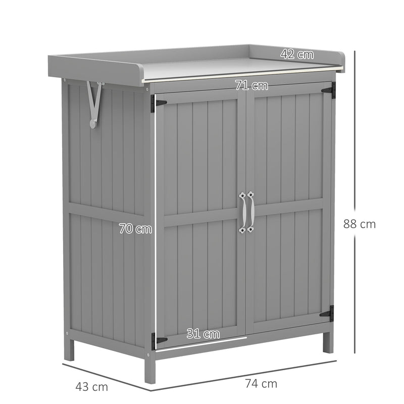Dimension diagram of the grey wooden shed showing 74 cm width, 43 cm depth, 88 cm height and a 31 x 70 cm door