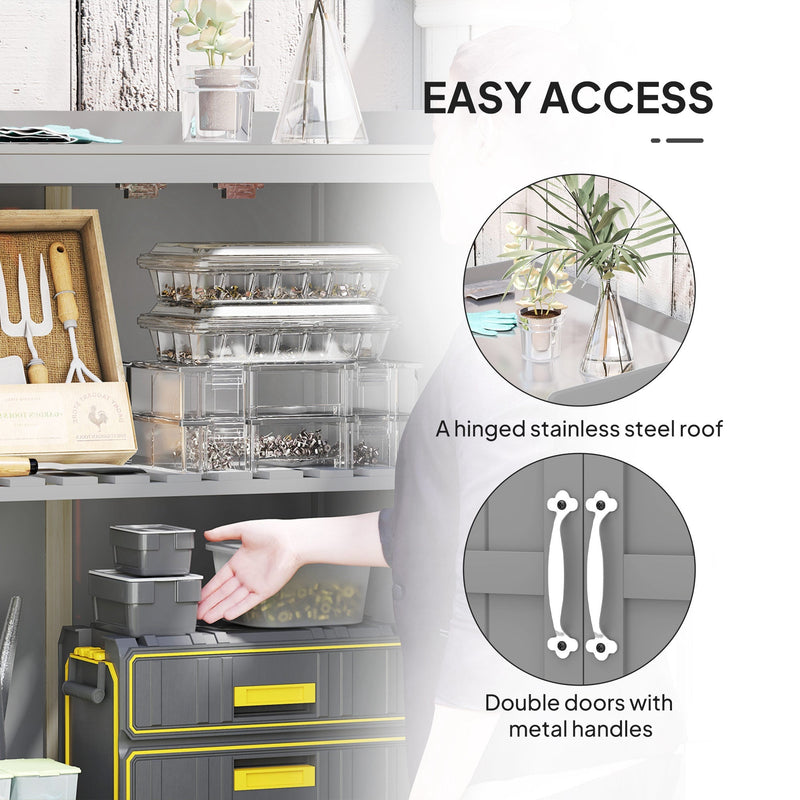 Easy access panel with close-ups of the hinged stainless steel lid and the double doors with metal pull handles