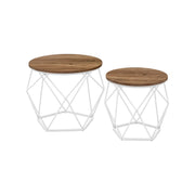 Vasagle set of 2 round coffee tables with wood-effect tops and white steel frames on a plain background