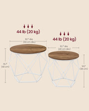 Dimension diagram showing the diameter, height and weight capacity of both tables