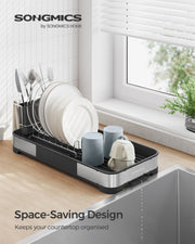 Plates standing upright in the dish rack