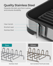 Water draining from the sloped drainboard and drain spout