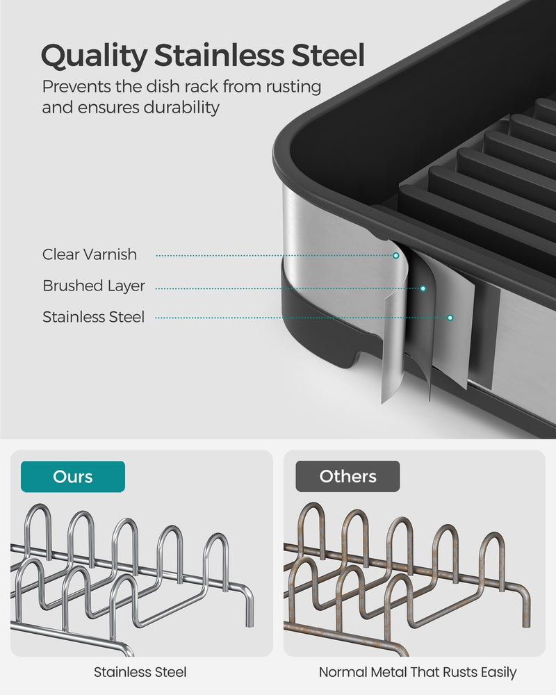 Water draining from the sloped drainboard and drain spout
