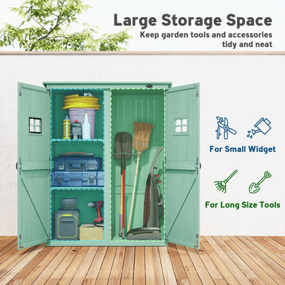 Storage space panel marking the shelved side for small items and the open side for long tools
