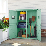 Green shed with doors open against white cladding showing a coiled hose and bottles on the top shelf