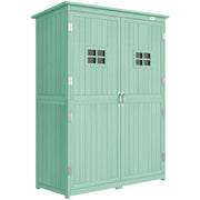 Studio front view of the green wooden shed with both doors closed, showing the two paned windows