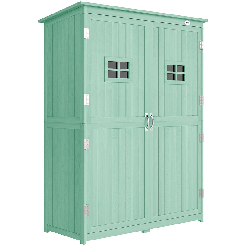Studio front view of the green wooden shed with both doors closed, showing the two paned windows