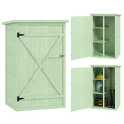 Green wooden garden shed shown closed and open, with three shelf tiers on one side and a tall tool bay
