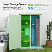 Large storage space panel showing three shelf tiers for small tools and a bay for long-handled tools