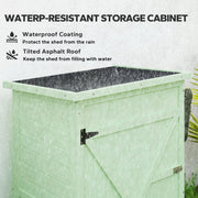 Water-resistant panel showing the tilted asphalt roof of the green shed shedding rain