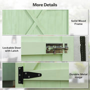 Detail panel showing the solid wood door frame, the metal slide bolt latch and a black metal T-hinge