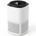 White smart air purifier with a black top grille and vented lower body, studio shot