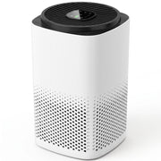 White smart air purifier with a black top grille and vented lower body, studio shot