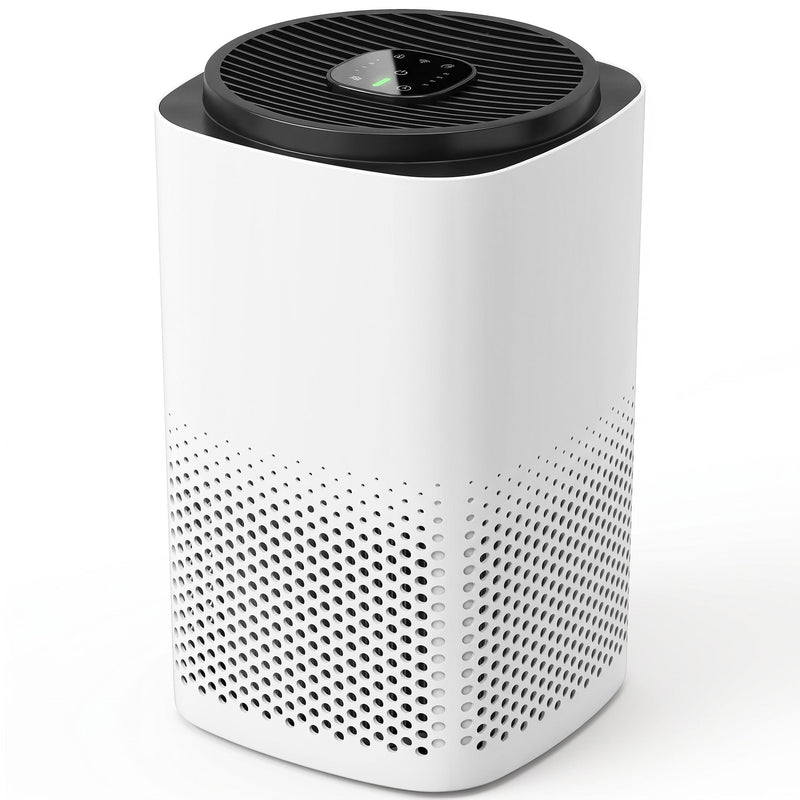 White smart air purifier with a black top grille and vented lower body, studio shot