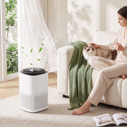 Air purifier on the floor of a bright living room beside a sofa with a woman and cat