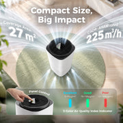 Air purifier graphic showing 27 m² coverage, 225 m³/h CADR and the 3-colour air quality indicator