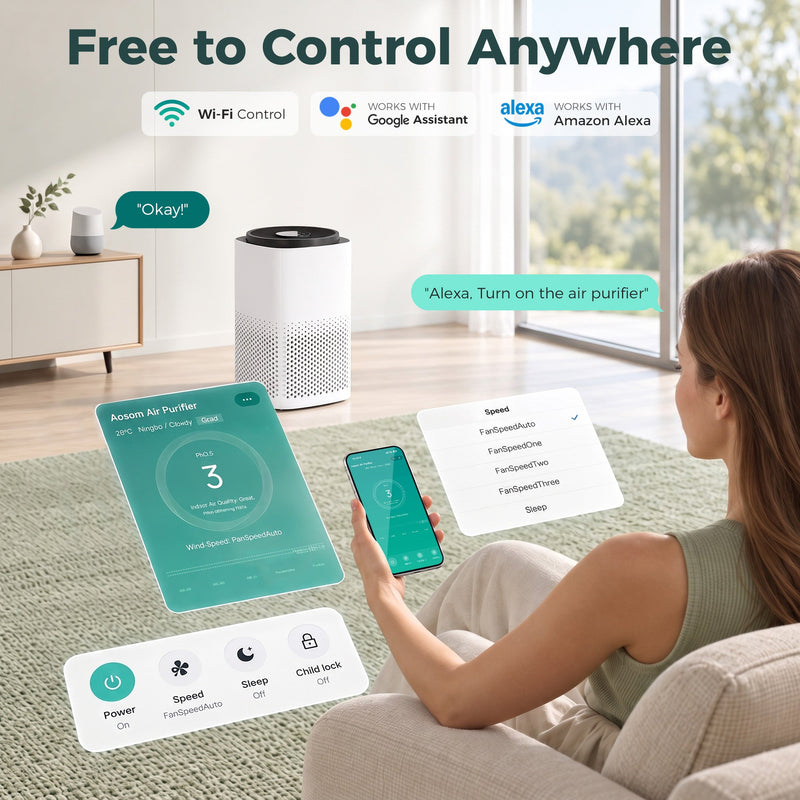 Woman controlling the air purifier by phone app and voice with Wi-Fi, Google Assistant and Alexa logos