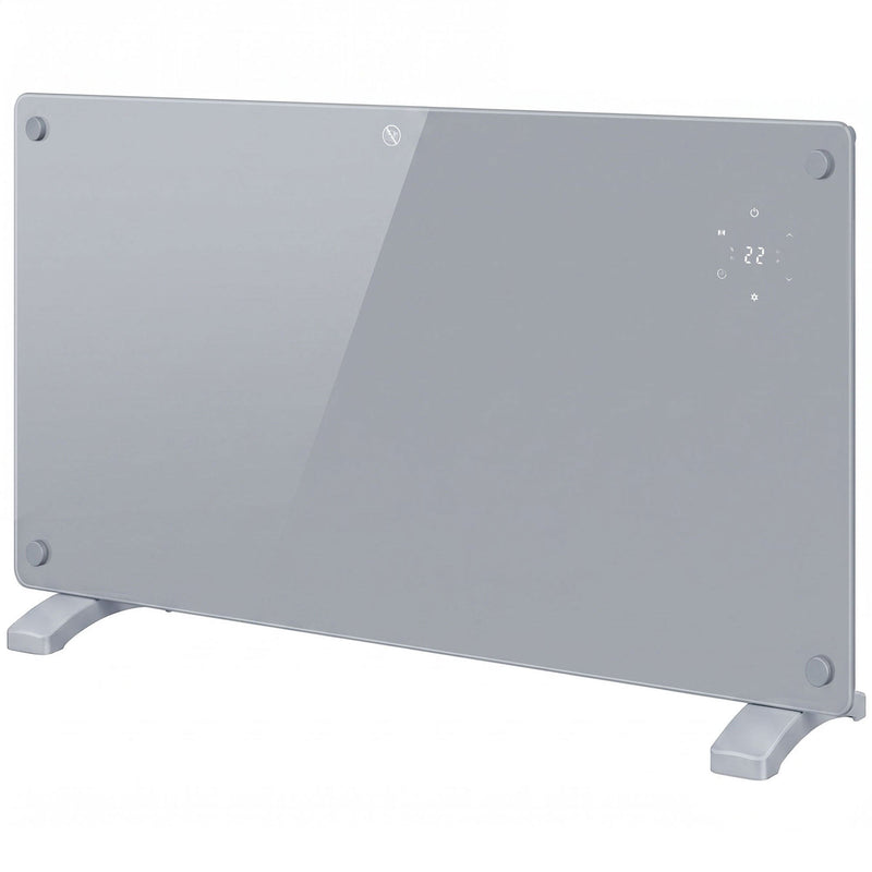HOMCOM 1500W smart panel heater, grey glass panel, angled studio view