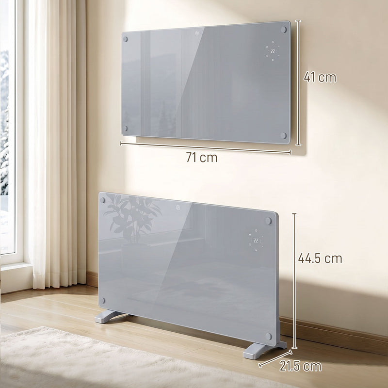 Dimension diagram of the 1500W panel heater, 71 x 21.5 x 44.5cm with feet