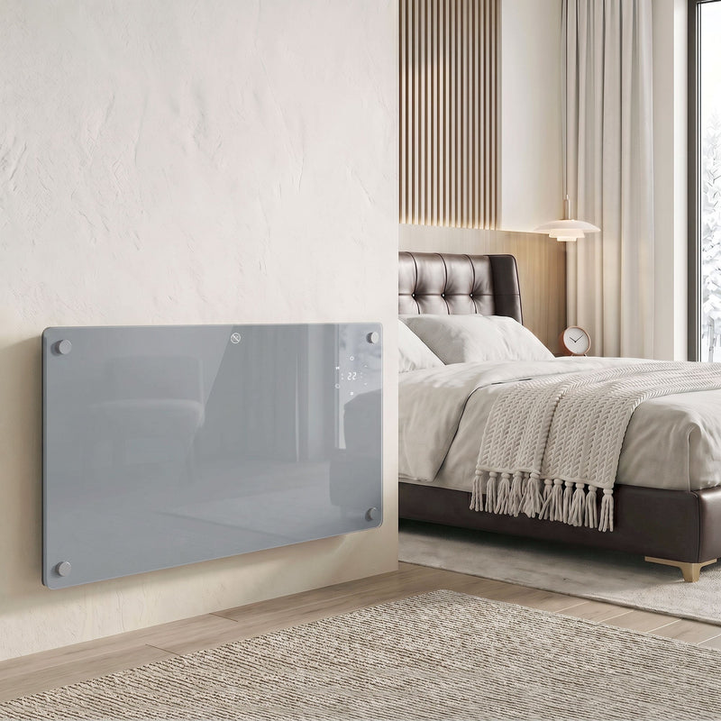 Grey 1500W panel heater wall-mounted in a modern bedroom