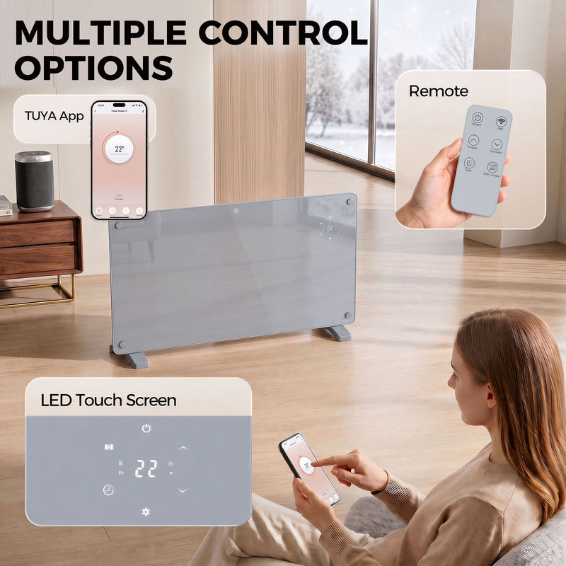 Tuya app, remote control and LED touch screen options for the 1500W heater