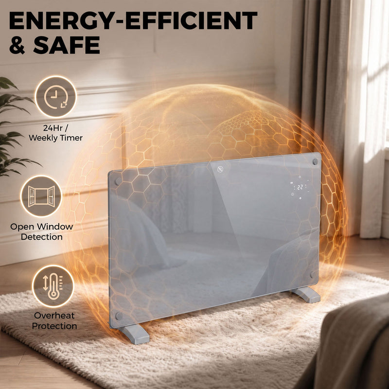 Weekly timer, open window detection and overheat protection icons for the 1500W heater