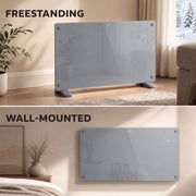 1500W panel heater shown freestanding on feet and wall-mounted side by side