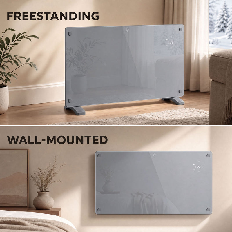 1500W panel heater shown freestanding on feet and wall-mounted side by side