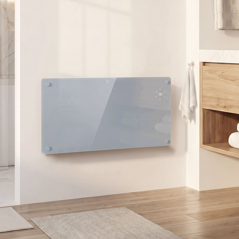 Grey 1500W panel heater wall-mounted in a bathroom