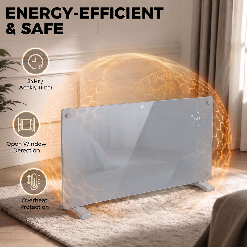 Weekly timer, open window detection and overheat protection icons for the heater