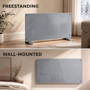 Panel heater shown freestanding on feet and wall-mounted side by side