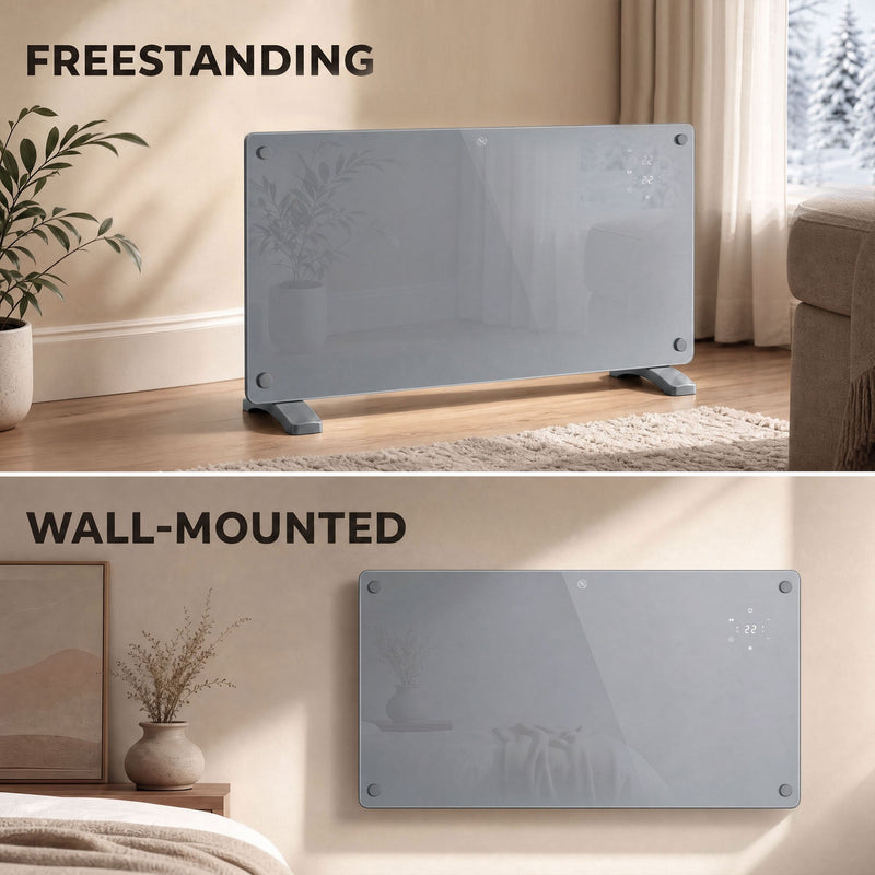Panel heater shown freestanding on feet and wall-mounted side by side