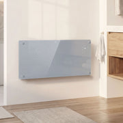 Grey panel heater wall-mounted in a bathroom with IP24 splash-proof rating